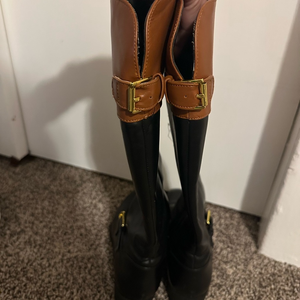 Two-Tone Tall Riding Boots with Buckle Detail